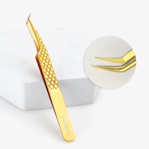 Fiber Tip Tweezers 45° F-SWG-04 | Curved Fan Placement for Inner Corner & Lower Lash Work